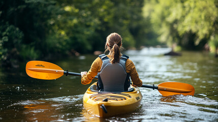 A woman in kayaking on the river on a sunny summer day