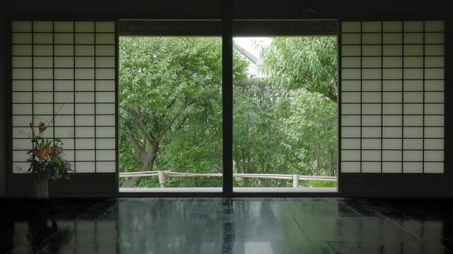 Tokyo Scene : Japanese-Style Room with Wooden Floors, Shoji Screens and Greenery Outside  | Tokyo, Japan