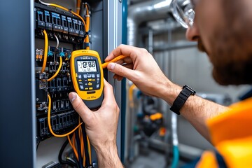 A professional-grade multimeter connected to an electrical panel, ensuring the system is delivering the correct power levels