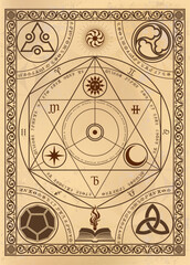 magic alchemy old parchment page with drawings and abstract symbol and writings , color background poster