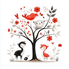 Cute Cartoon Animals in a Blooming Tree Illustration