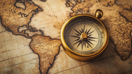 An antique brass compass on map of the world