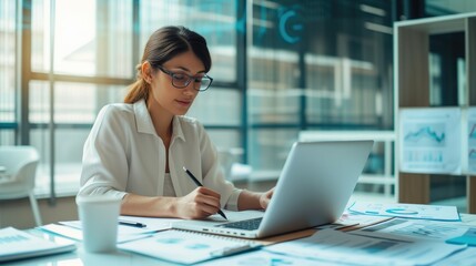 Entrepreneur Reviewing Business Ideas with Laptop and Notepad