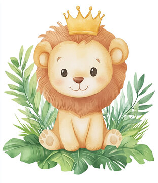 A lion with a crown on his head is sitting in a grassy field. The lion is smiling and he is happy