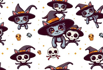 Naklejka premium Seamless Halloween Pattern with Skulls and Witch Hats