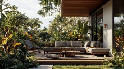 Balcony of contemporary urban home that features wood decking, greenery, and outdoor furniture beneath a clear blue sky