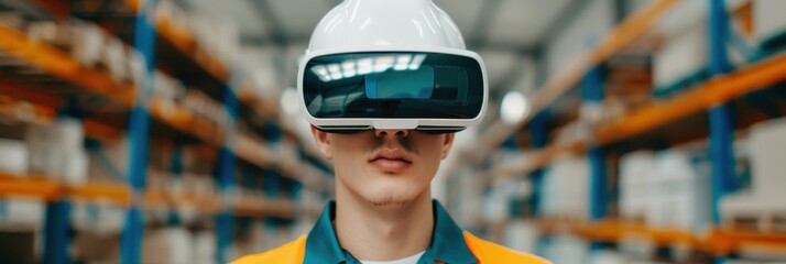 A warehouse worker wears an augmented reality headset in a modern storage facility, using virtual technology to manage inventory and optimize workflow.