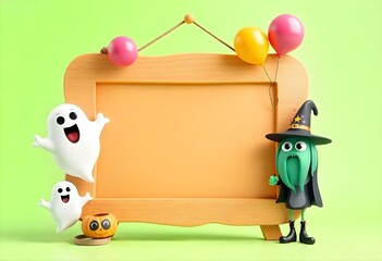 Fototapeta premium Halloween sign with ghost and witch decorations on a bright background