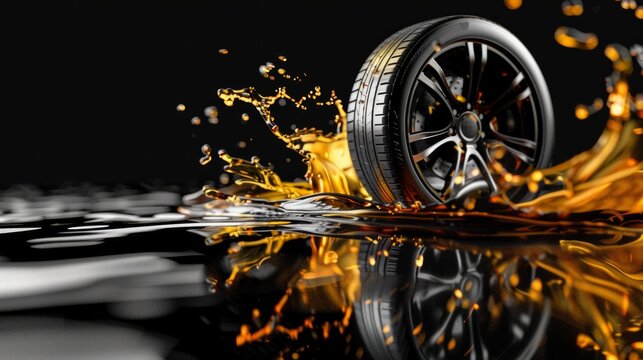 Bold promotional flyer showcasing a modern car wheel and disk on black background, complemented by engine oil splashes. Great for car tire advertisements with copy space.