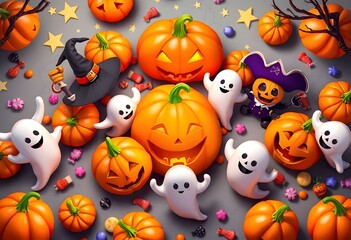 Group of Halloween pumpkins, ghosts, and bats in a pile