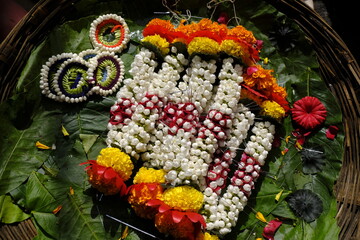 Colourful Flower Garlands at a Street Market in mandai during Ganesh Festival, Pune, India