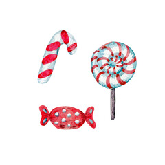 Simple watercolor illustration of various lollipops and candy canes isolated on white background.