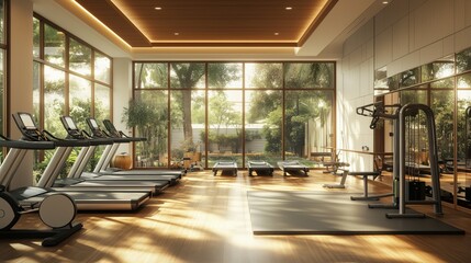 Modern Fitness Center with Treadmills and Natural Light