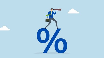 Interest rate forecast, 4k animation of entrepreneur ascends the percentage symbol to peer through a telescope and visualize their goals.