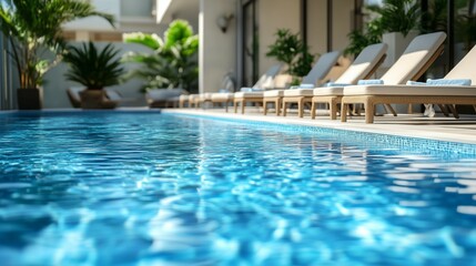 Obraz premium Blue Pool Water with Sun Reflection and Loungers