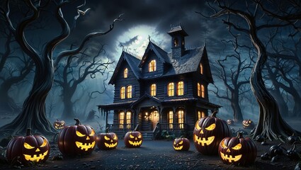 Spooky Halloween scene featuring a haunted house, glowing pumpkins and bats/ Happy Halloween Background for Party Invitations with Violet Fog Clouds and Pumpkins