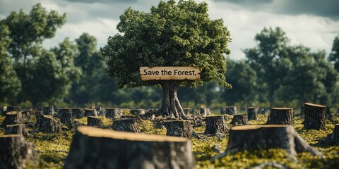Environmental conservation theme with lone tree surrounded by stumps highlighting deforestation awareness.