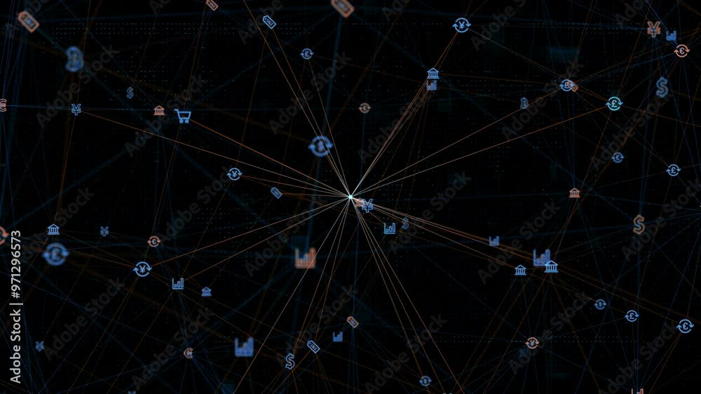 Wall mural motion graphic of blue digital money icon linked on grid mesh and line connection on futuristic abst
