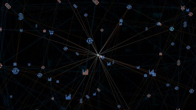 Motion graphic of Blue digital money icon linked on grid mesh and line connection on futuristic abstract background technology financial and cryptocurrency concept