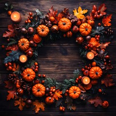 Autumn Wreath with Pumpkins  Leaves  and Candles on Rustic Wood Background