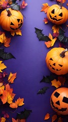 Halloween Background with Pumpkins  Bats  and Autumn Leaves