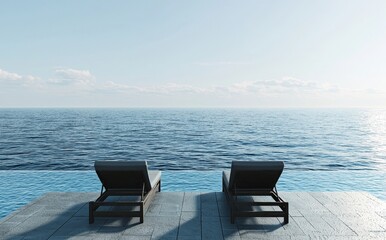 Day bed on terrace with infinity pool, sea view in background, Blue pool. 3D rendering.