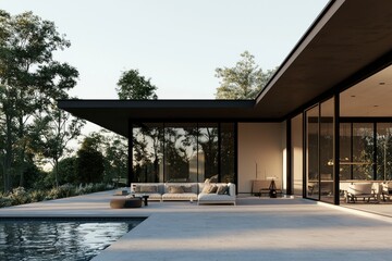 Obraz premium House with garden swimming pool and wooden deck