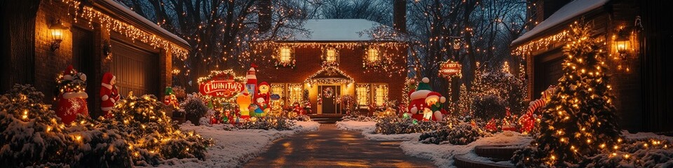 An American suburban home with a beautifully decorated front yard, complete with lights, inflatables, and holiday signs 