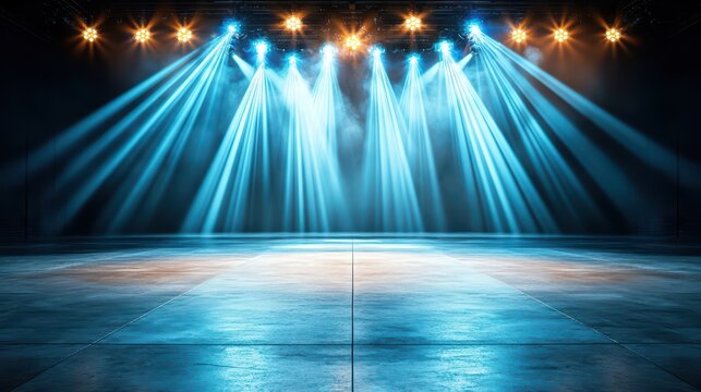 Stunning stage with blue lights illuminating a smooth floor, perfect for performances, events, or presentations.