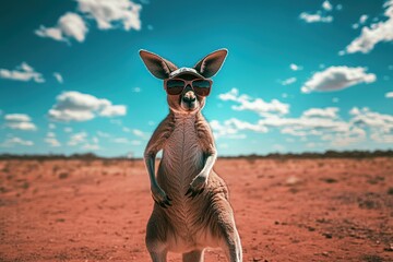 Stylish kangaroo with sunglasses in the vibrant australian outback scenery.