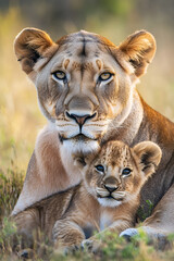 a lioness with a lion cub