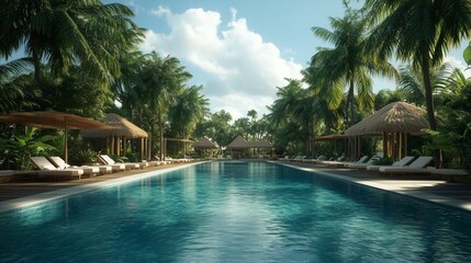 Tropical Paradise Resort Pool with Palm Trees and Lounge Chairs