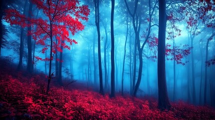 Obraz premium Enchanted Forest with Vibrant Red Leaves Surrounded by Mysterious Blue Fog