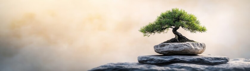Obraz premium A serene bonsai tree perched on a smooth rock, symbolizing tranquility and resilience in nature's beauty.
