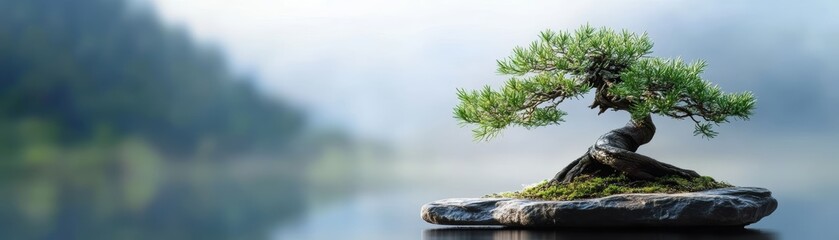 A serene bonsai tree on a rock beside a tranquil lake, exemplifying harmony and nature's beauty in a peaceful landscape.