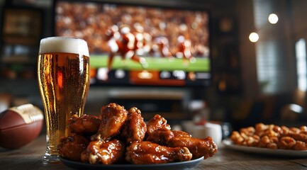 Chicken wings and beer on a table in front of a big-screen TV, a football game playing on the television in the background