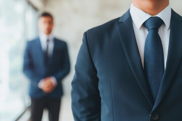 Close-up of a businessman in a suit and tie standing confidently, with another business professional blurred in the background, symbolizing leadership and teamwork.