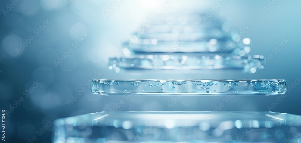 Poster A captivating abstract image of floating glass layers, evoking a sense of depth and elegance in a serene blue background.