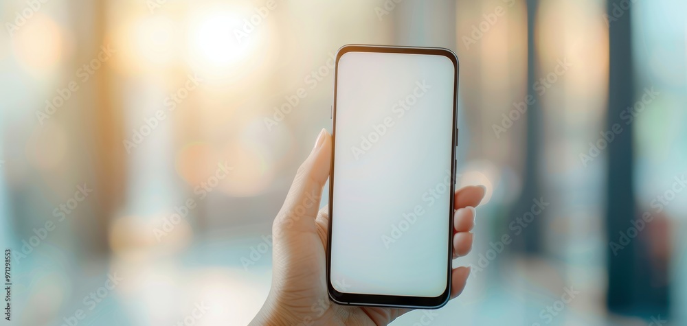 Poster A close-up view of a hand holding a smartphone with a blank screen, suitable for technology and modern lifestyle themes.