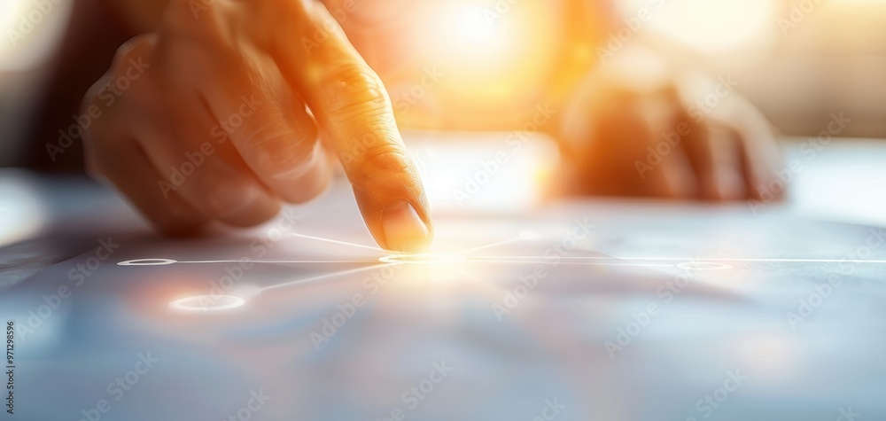 Poster A close-up of a hand gently touching a surface, representing interaction, innovation, and technology in a modern setting.