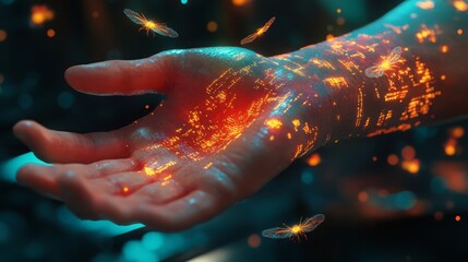 A glowing, digital representation on a hand with floating elements.