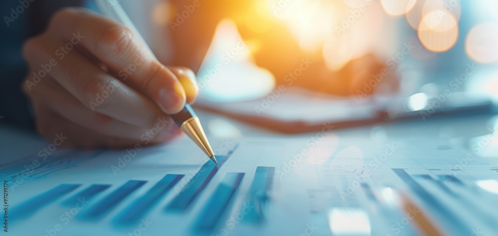 Poster A close-up of a hand holding a pen, writing on a financial report with graphs, symbolizing business success and analysis.
