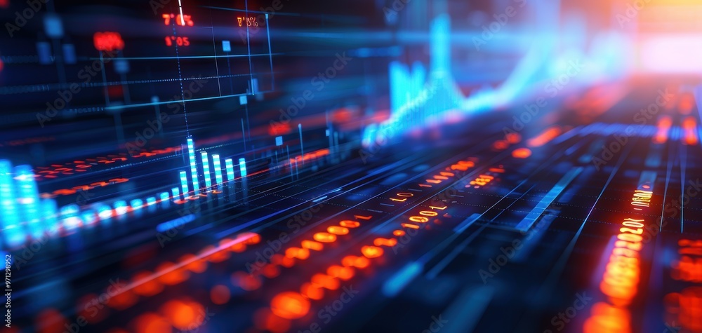 Poster Futuristic data visualization with glowing graphs and charts, ideal for technology and finance concepts, showcasing digital analysis.