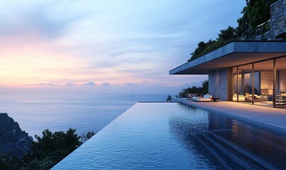 Fototapeta premium Outdoor wooden floor terrace near swimming pool and green grass garden in a modern beach house. Visualization of building exterior with view of the sea.