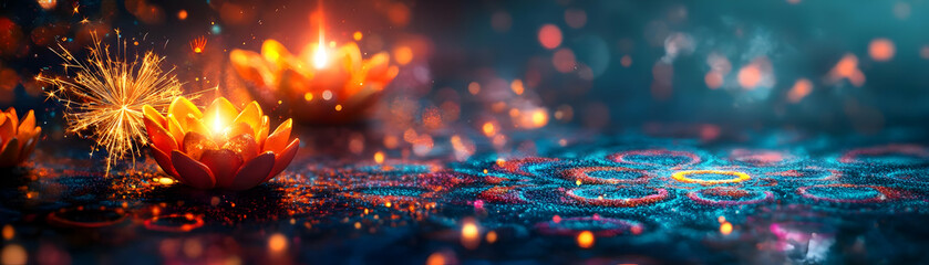 Glowing Abstract Cultural Art: Modern Digital Banner with Sparklers and Rangoli Patterns, Vibrant Camera Pan Highlighting Cultural Symbols
