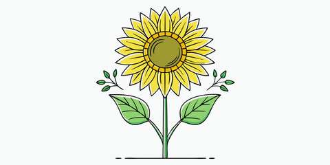 A minimalist line art illustration of a sunflower with a large bloom and simple, elongated leaves.

