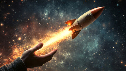 The rocket is being released from the hand.