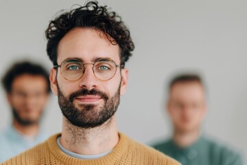 Close-up portrait of a young man with a beard and glasses standing confidently in front of two blurred colleagues, focusing on teamwork and leadership