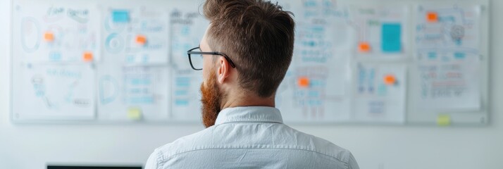 Back view of a man with glasses and beard, analyzing an idea board filled with notes, sketches, and concepts during a brainstorming session