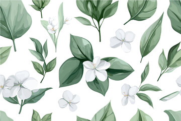 White jasmine flowers and green leaves seamless pattern vector illustration-gigapixel-art-scale-4_00x